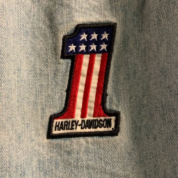 Vintage Harley Davidson 90’s #1 Patch Light Wash Blue Biker Y2K Jeans Size 14 - Picture 6 of 16